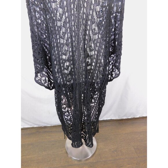 Crochet Poncho Womens One Size Black Boho Open Knit Tassel Hem Cover Up Beach - Picture 8 of 11